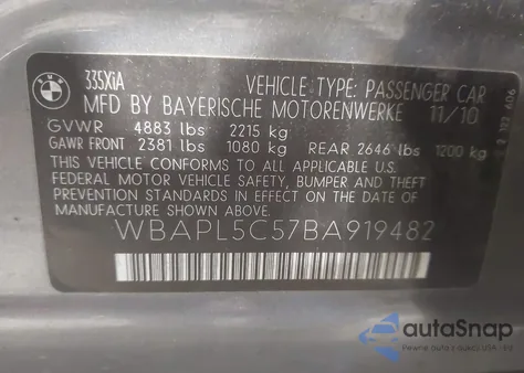 2011 BMW 335 Xi from USA, damaged, VIN WBAPL5C57BA919482